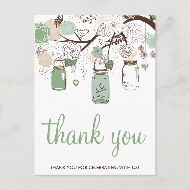 Mint Green Mason Jars Wedding Thank You Postcard (Front)