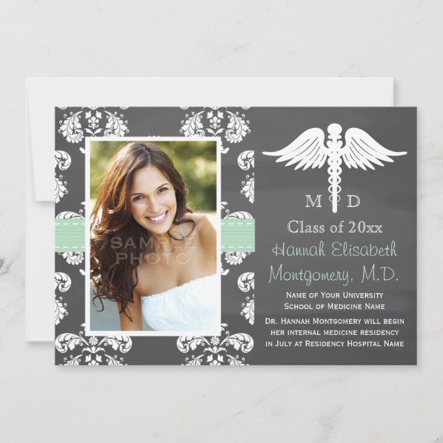 MINT GREEN MEDICAL SCHOOL GRADUATION CHALKBOARD INVITATION (Front)
