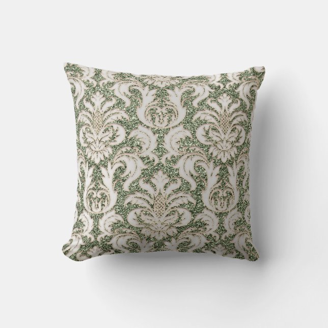 Mint Green Metal Damask Silver Grey Pealy Glitter Cushion (Front)