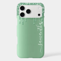 Mint Green Metal Look Handwritten Name Glitter
