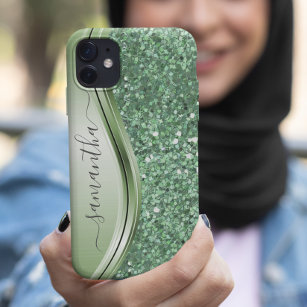 Mint Green Metallic Glitter Bling Handwritten Case-Mate iPhone 14 Case