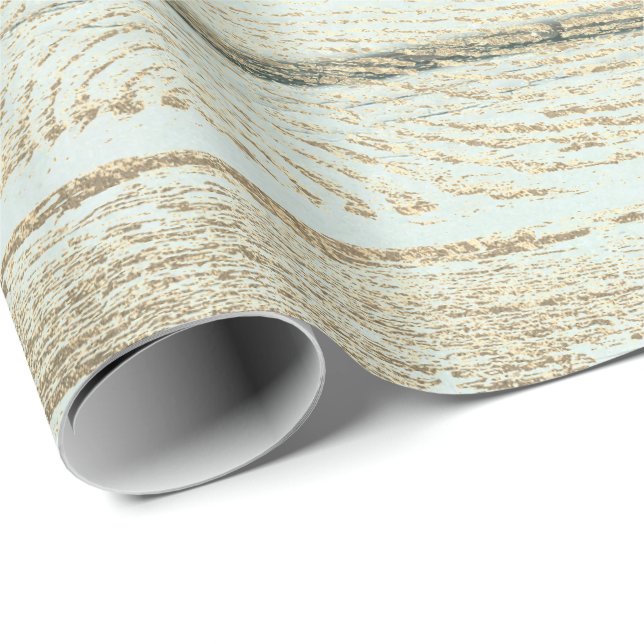 Mint Green Metallic White Gold Wood Foxier Wrapping Paper (Roll Corner)