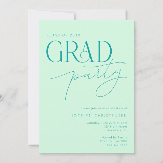 Mint Green Modern Minimal Grad Party Invitation (Front)