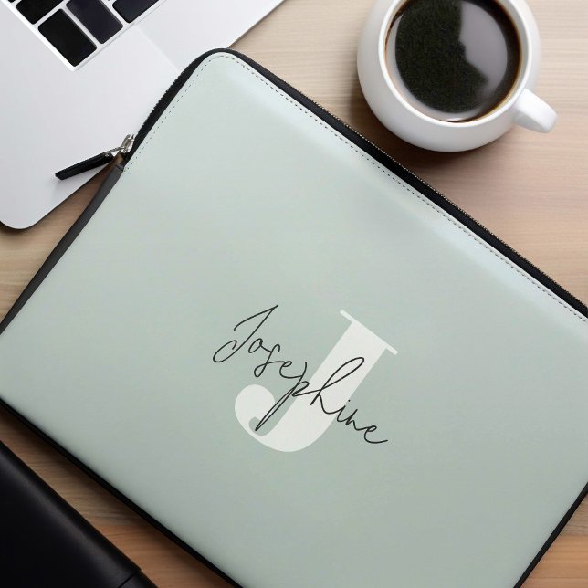 Mint Green Modern Minimalist Monogrammed Laptop Sleeve (Creator Uploaded)