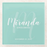 Mint Green Modern Script Personalised Bridesmaids Glass Coaster<br><div class="desc">Add a personal touch to your wedding with personalised bridesmaids gift glass coaster. This coaster features personalised bridesmaid's name in white modern script font style and monogram in light green modern script font style as background with title and wedding date in white modern sans serif font style on mint green...</div>