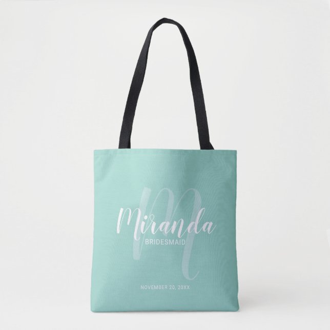 Mint Green Modern Script Personalised Bridesmaids Tote Bag (Front)
