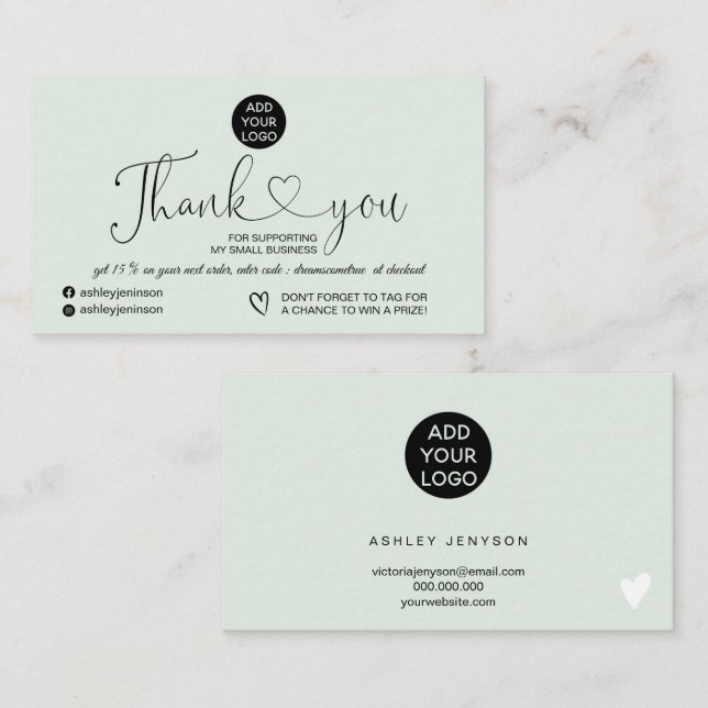 Mint green modern simple logo order thank you business card (Front/Back)