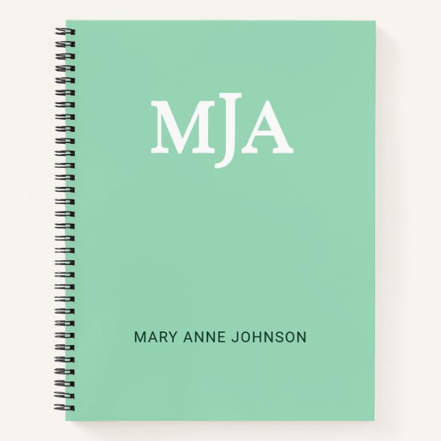 Mint Green Monogram 3 three letter Initials Modern Notebook (Front)