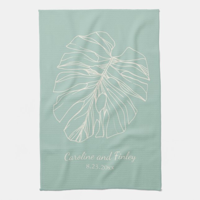 Mint Green Monstera Leaf Line Drawing Personalised Tea Towel (Vertical)