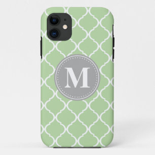 Mint Green Moroccan Lattice Grey Monogram iPhone 11 Case