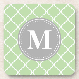 Mint Green Moroccan Lattice Grey Monogram Coaster