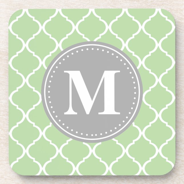 Mint Green Moroccan Lattice Grey Monogram Coaster (Front)