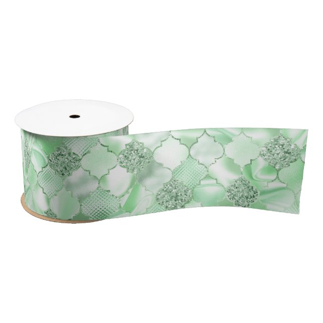 Mint Green Moroccan Quatrefoil Pattern Satin Ribbon (Spool)