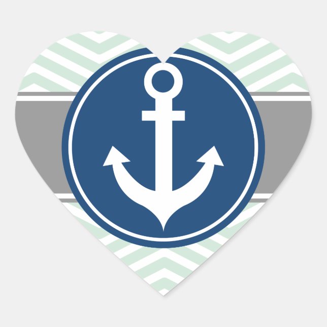 Mint Green Nautical Anchor Chevron Heart Sticker (Front)