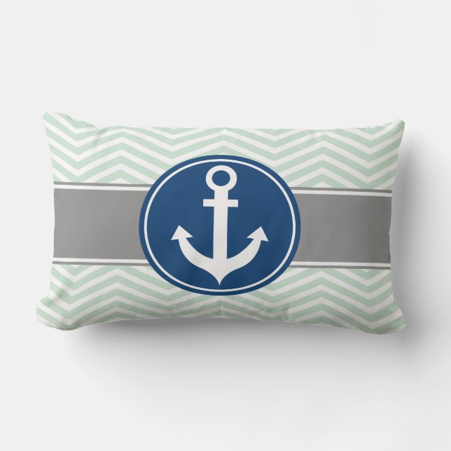 Mint Green Nautical Anchor Chevron Lumbar Cushion (Front)