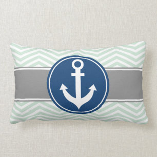 Mint Green Nautical Anchor Chevron Lumbar Cushion