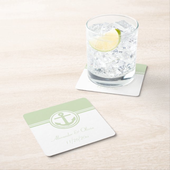 Mint Green Nautical Anchor Square Paper Coaster (Insitu)