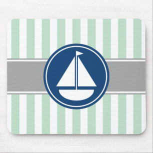Mint Green Nautical Sailboat Stripes Mouse Pad