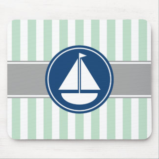 Mint Green Nautical Sailboat Stripes Mouse Pad