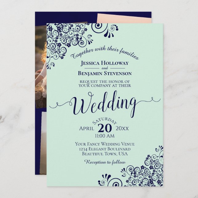 Mint Green & Navy Blue Lace Photo Collage Wedding  Invitation (Front/Back)