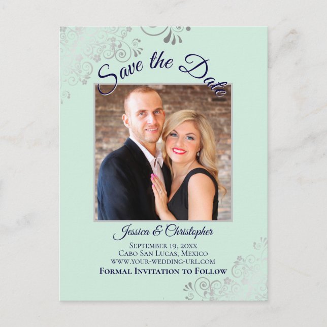 Mint Green & Navy Blue Wedding Save the Date Photo Announcement Postcard (Front)