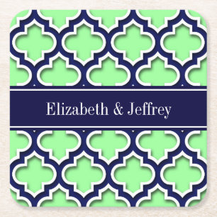 Mint Green, Navy Moroccan #5DS Navy Name Monogram Square Paper Coaster