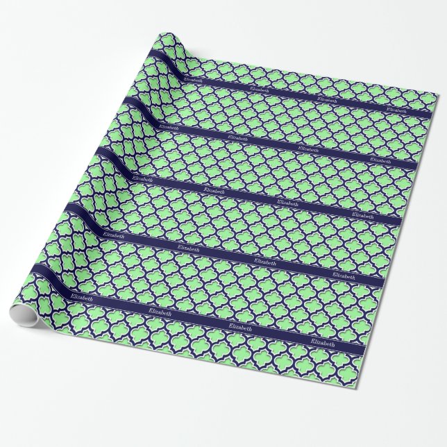 Mint Green, Navy Moroccan #5DS Navy Name Monogram Wrapping Paper (Unrolled)