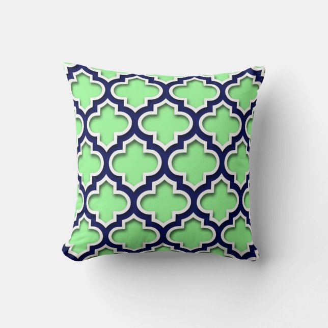 Mint Green Navy White Moroccan Quatrefoil #5DS Cushion (Front)
