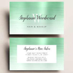 Mint Green Ombre Brushed Metal Monogram Hair Salon Business Card