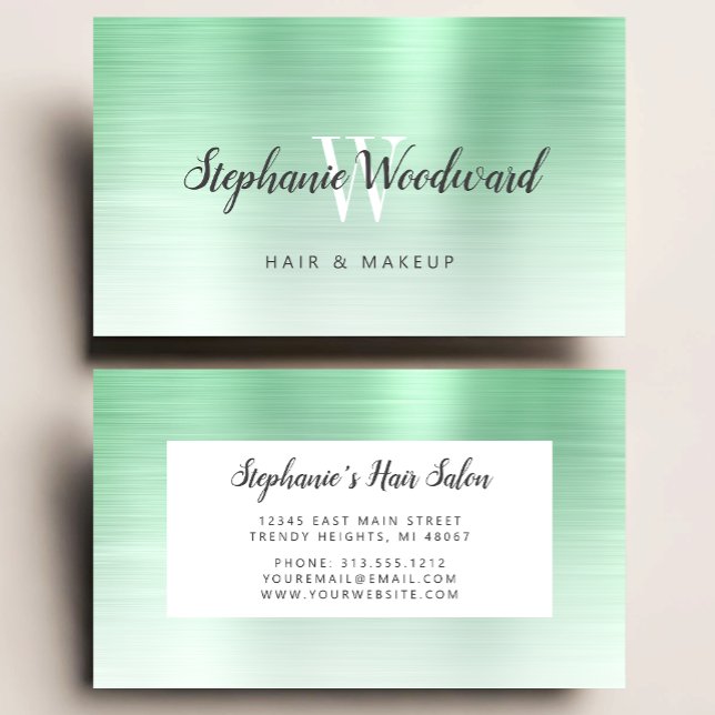 Mint Green Ombre Brushed Metal Monogram Hair Salon Business Card (Creator Uploaded)