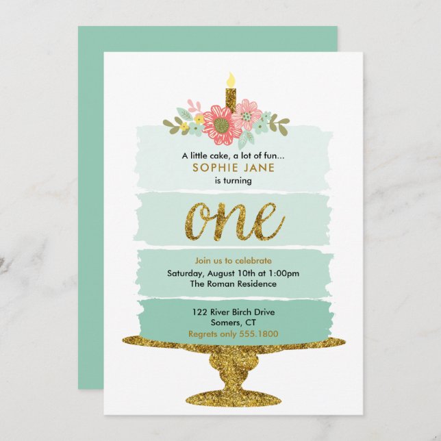 Mint Green Ombre Cake First Birthday Invitation (Front/Back)