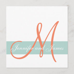 Mint Green Orange Monogram Names Simple Wedding Invitation