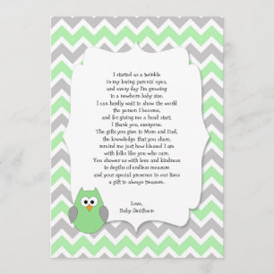 Mint Green Owl Baby shower thank you notes w poem