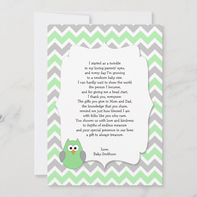 Mint Green Owl Baby shower thank you notes w poem (Front)