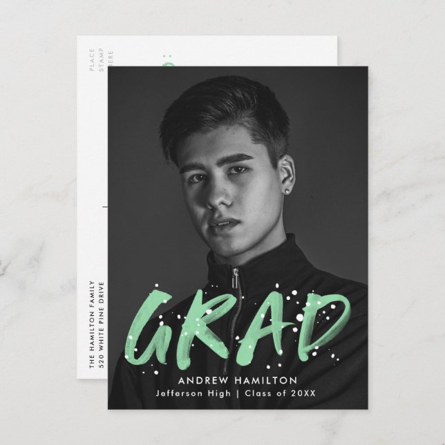 Mint Green Paint Splatter Photo Graduation Party Invitation Postcard (Front/Back)