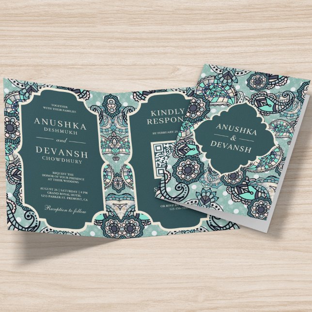 Mint Green Paisley Pattern QR Code Indian Wedding Invitation (Creator Uploaded)