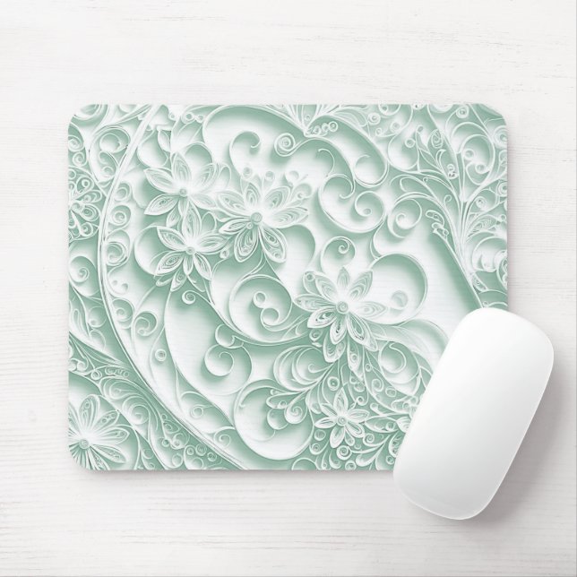 Mint Green Paper Quilling Daisy Design Mouse Pad (With Mouse)