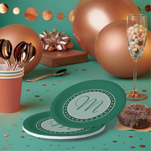 Mint Green Party | Monogram Script Chic Modern Paper Plate (Multi)