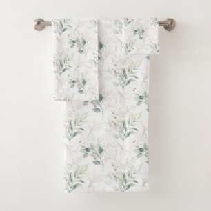 Mint Green Pastel Floral Greenery Pattern Bath Towel Set