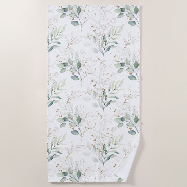 Mint Green Pastel Floral Greenery Pattern Beach Towel (Front)
