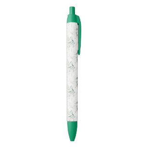 Mint Green Pastel Floral Greenery Pattern Black Ink Pen