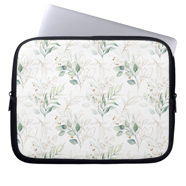 Mint Green Pastel Floral Greenery Pattern Laptop Sleeve (Front)