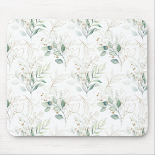 Mint Green Pastel Floral Greenery Pattern Mouse Pad