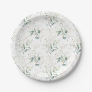 Mint Green Pastel Floral Greenery Pattern Paper Plate