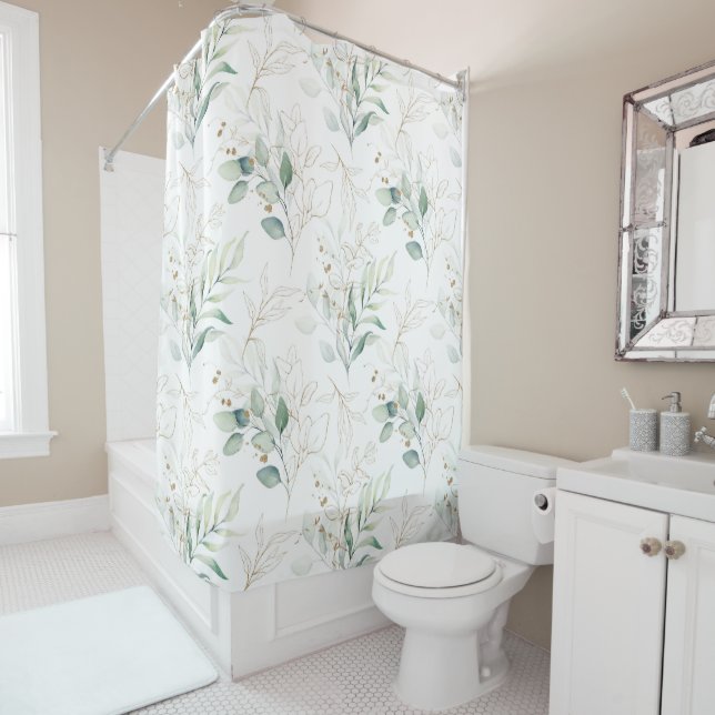 Mint Green Pastel Floral Greenery Pattern Shower Curtain (In Situ)