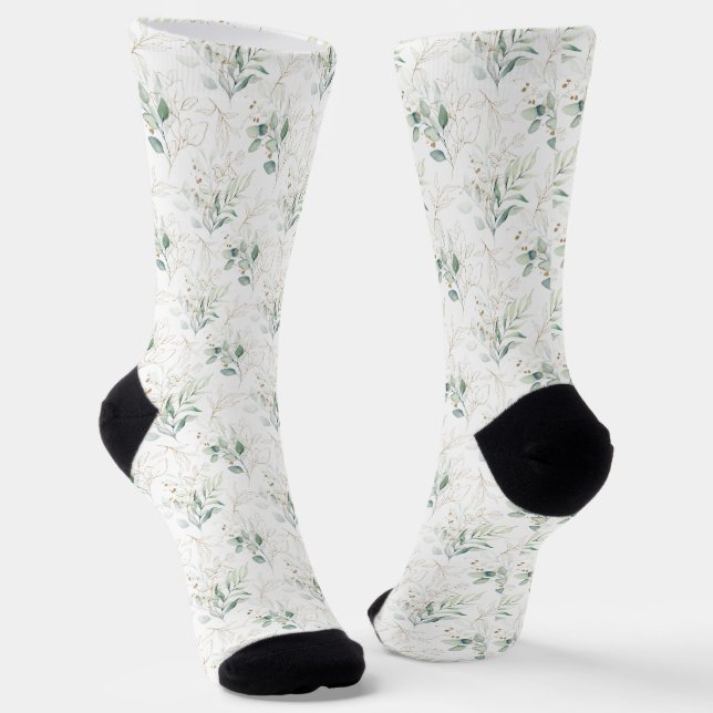 Mint Green Pastel Floral Greenery Pattern Socks (Angled)