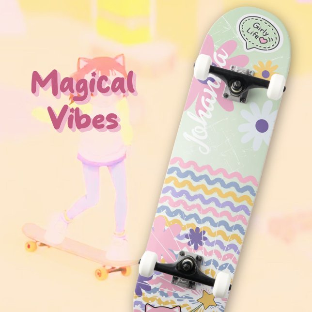 Mint Green Pastel Floral Striped Girly Cat Magical Skateboard (Mint Green Pastel Floral Striped Girly Cat Magical Skateboard ©Susanne Sachers - Sunny Wanderlust 🌞)