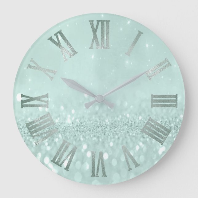 Mint Green Pastel Glitter Grey Metal Roman Numer Large Clock (Front)