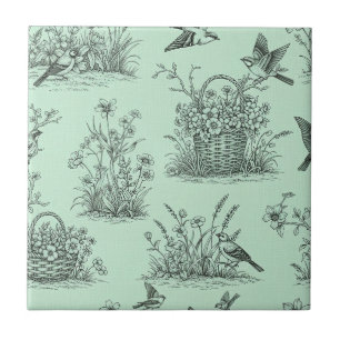 Mint Green Pastoral Toile with Birds and Blossoms Ceramic Tile
