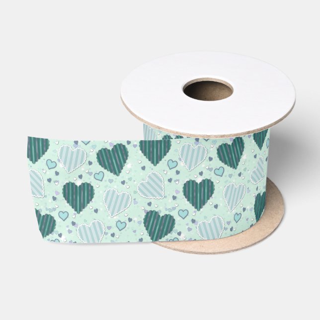 Mint Green Patchwork Hearts Satin Ribbon (Spool)